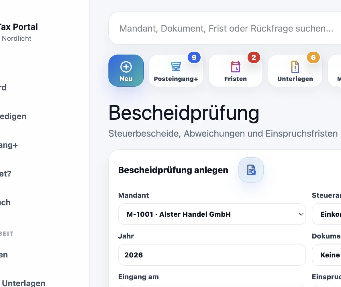 Maintax Central Bescheidprüfung mit Betragsvergleich und Einspruchsfrist