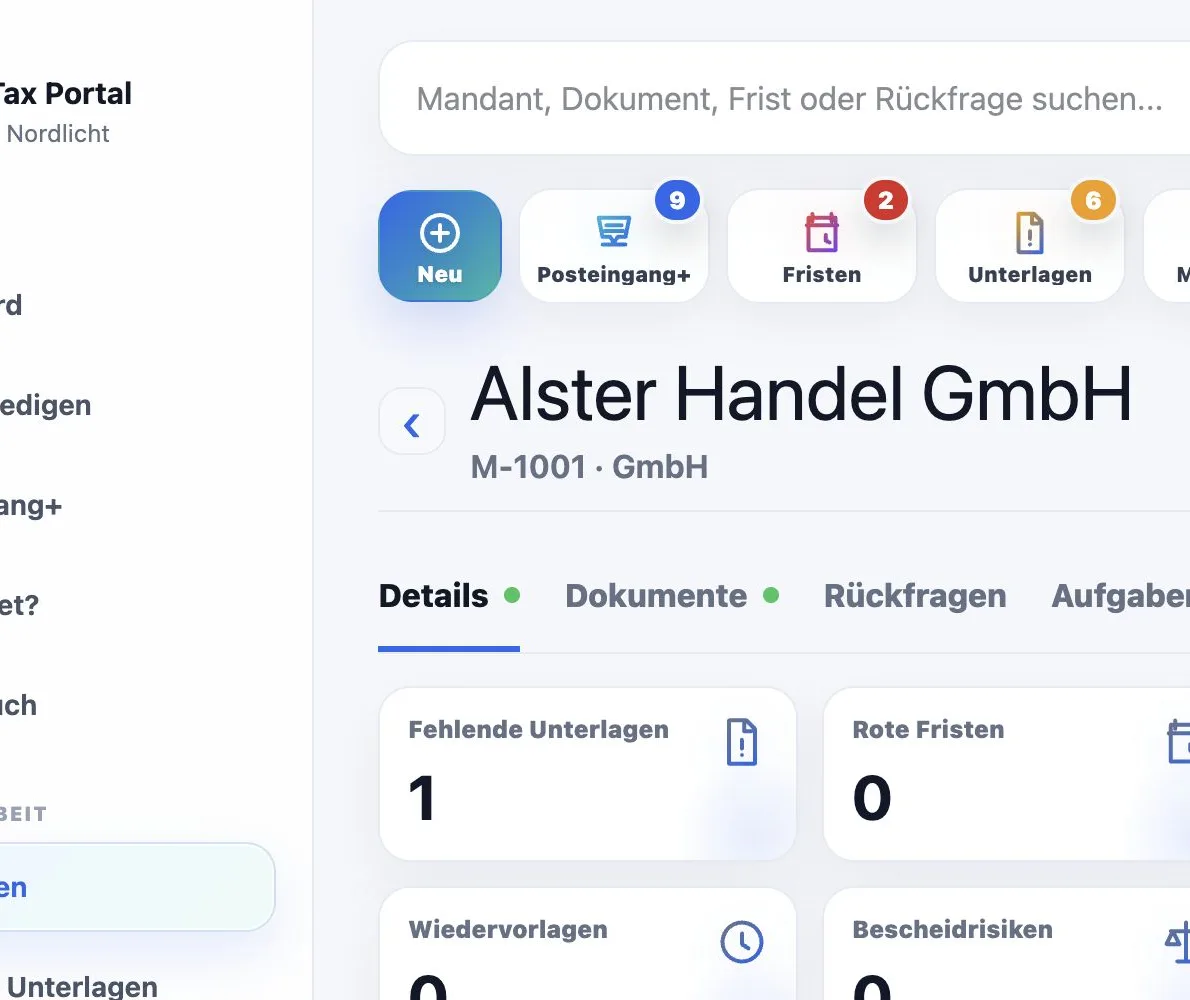 Maintax Central Mandantenakte mit Prozessstatus, offenen Punkten und Jahresübersicht