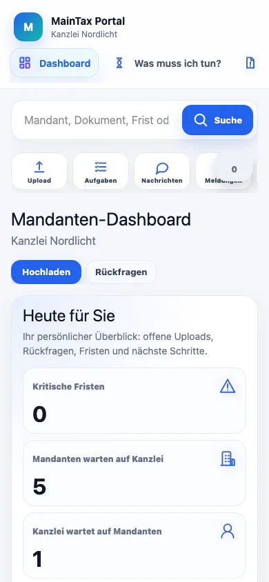 Mobile Maintax Central Mandantenansicht mit drei offenen Aufgaben