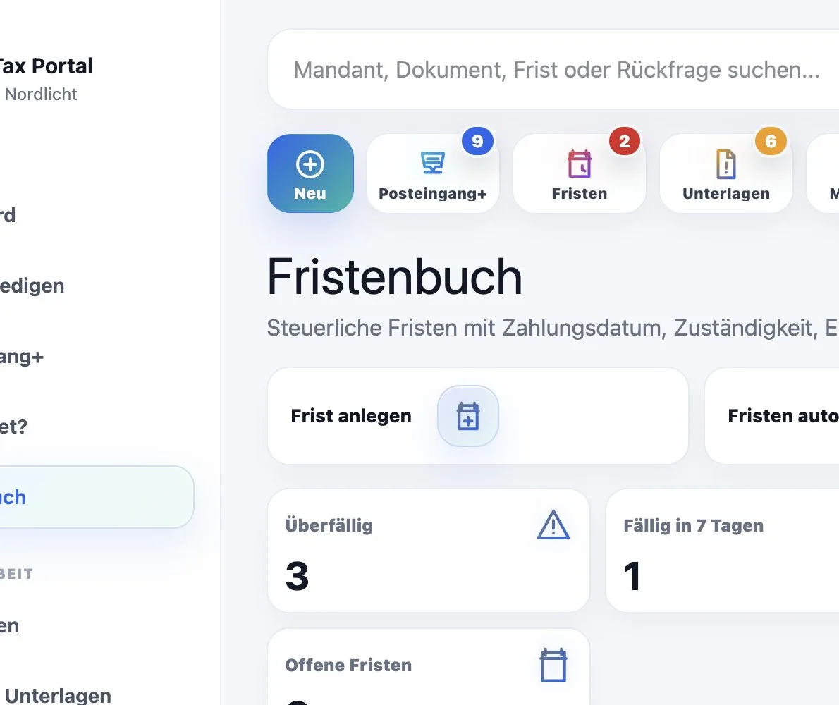 Maintax Central Fristencockpit mit Kalender, Status und nächster Aktion