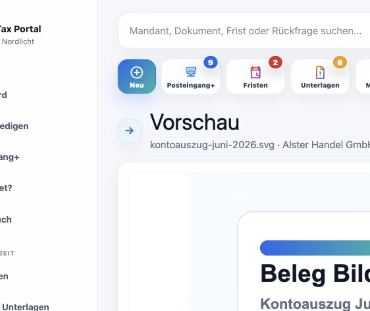 Maintax Central Posteingang mit neuen Dokumenten und Dokumentvorschau