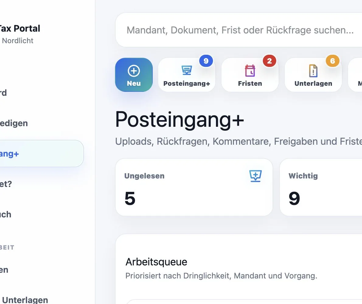 Maintax Central Posteingang mit neuen Dokumenten und Dokumentvorschau
