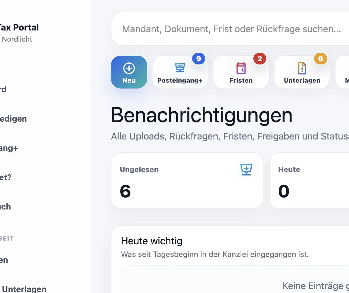 Maintax Central Benachrichtigungszentrale mit Prioritäten und Handlungsbedarf