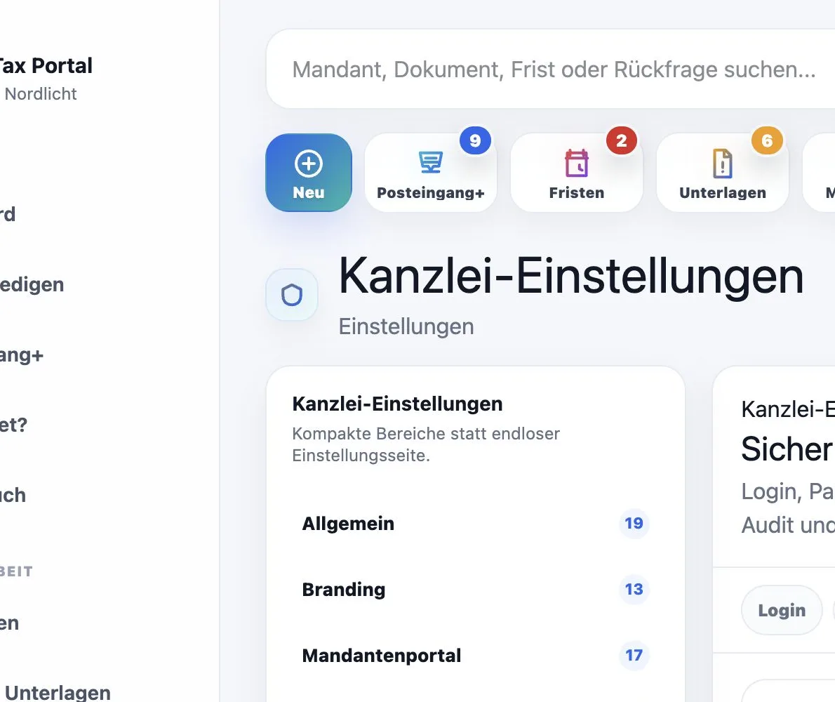 Maintax Central Sicherheitscenter mit MFA, Sitzungen und Sicherheitsereignissen
