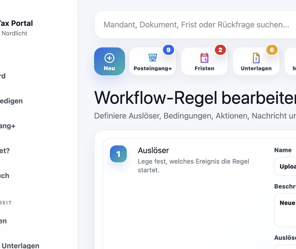 Maintax Central Workflow-Editor mit Auslöser, Bedingung und Aktion